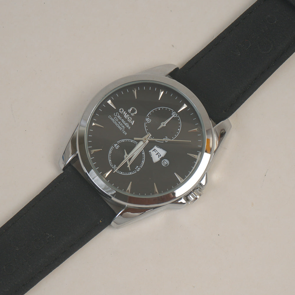 Man's Wrist Watch Silver Black with Black Straps