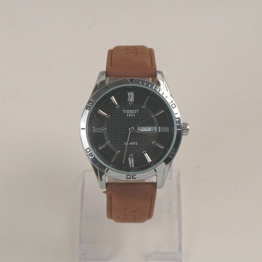 Man's Wrist Watch Silver Black with Brown Straps