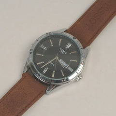 Man's Wrist Watch Silver Black with Brown Straps