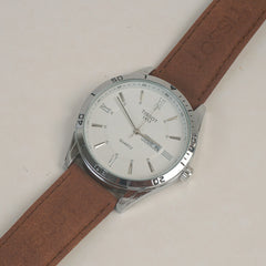 Man's Wrist Watch Silver White with Brown Straps