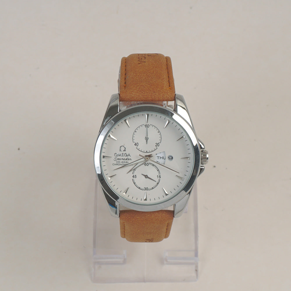 Man's Wrist Watch Silver White with Light Brown Straps