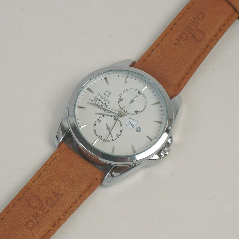 Man's Wrist Watch Silver White with Light Brown Straps