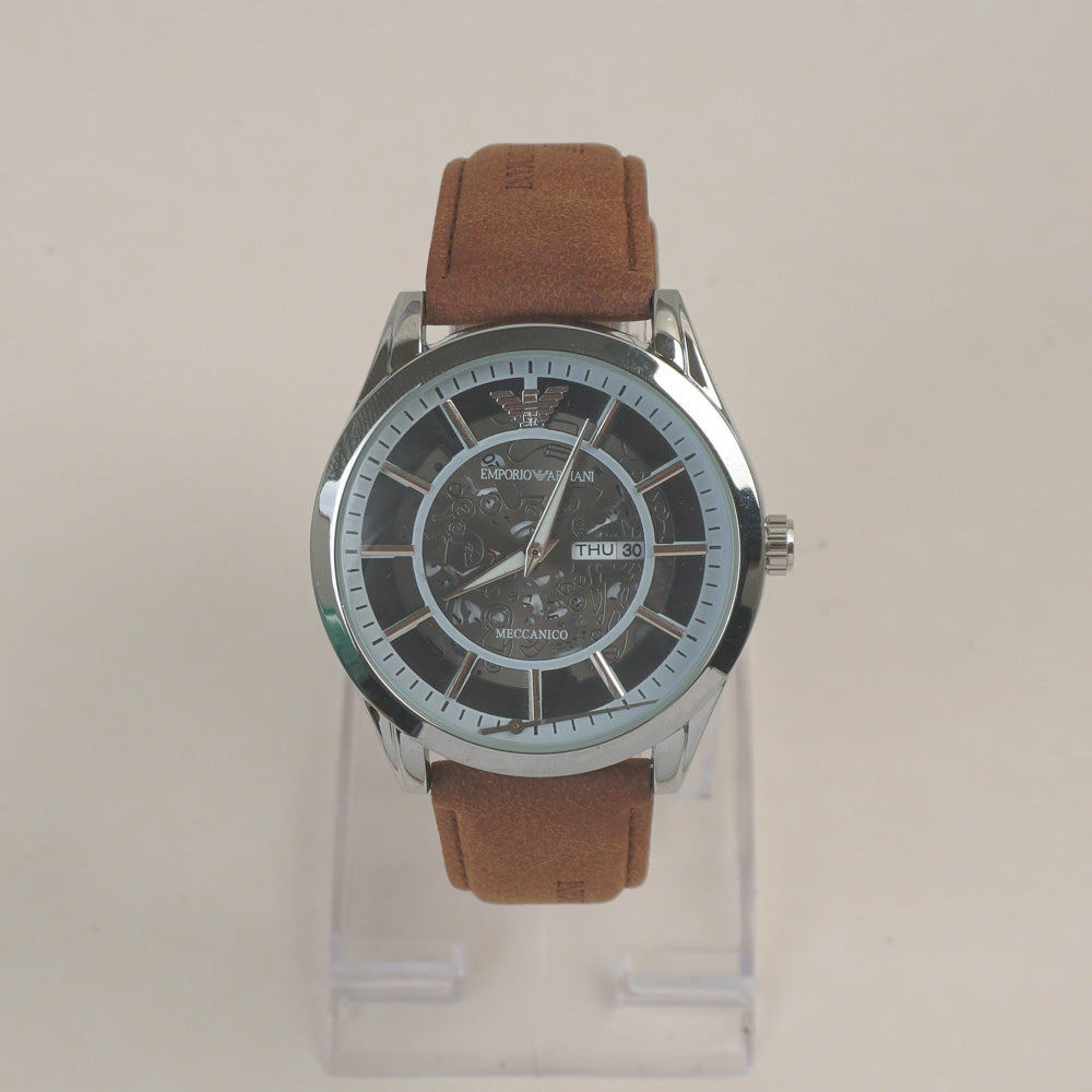 Man's Wrist Watch Silver Black with Brown Straps