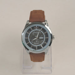 Man's Wrist Watch Silver Black with Brown Straps