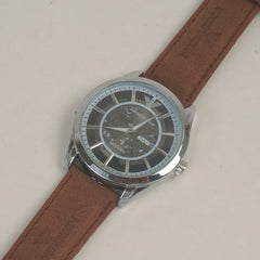 Man's Wrist Watch Silver Black with Brown Straps