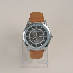 Man's Wrist Watch Silver Black with Light Brown Straps