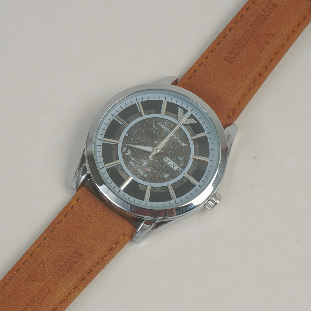 Man's Wrist Watch Silver Black with Light Brown Straps