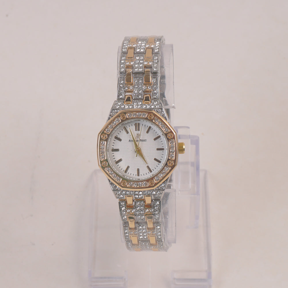 Two Tone Women Stone Design Chain Wrist Watch Golden White