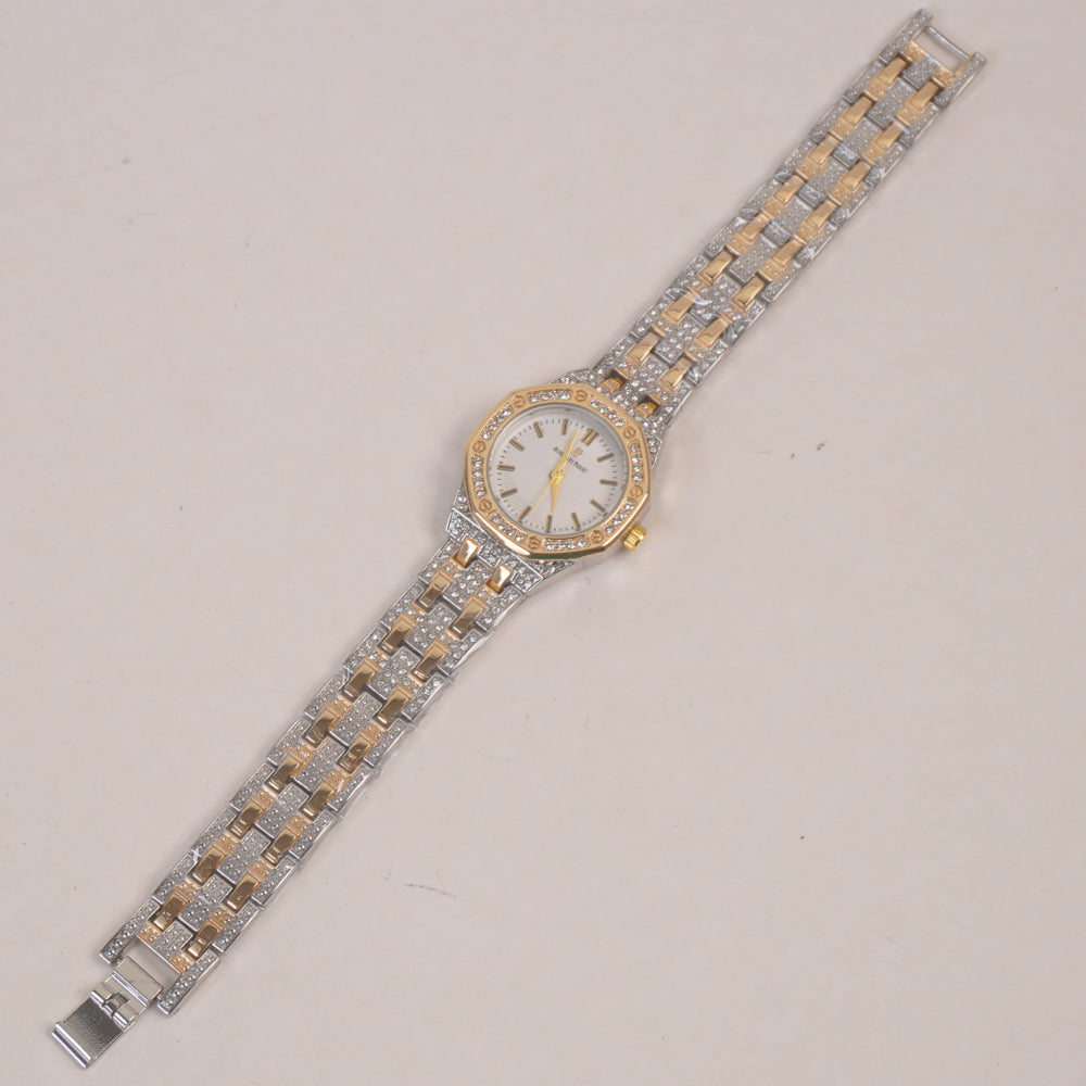 Two Tone Women Stone Design Chain Wrist Watch Golden White