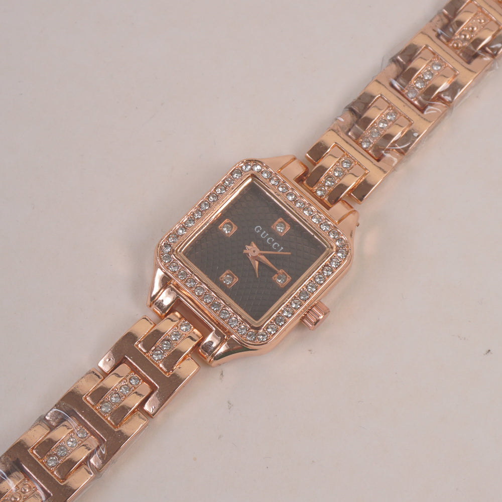 Women Stone Design Chain Wrist Watch Rosegold Black