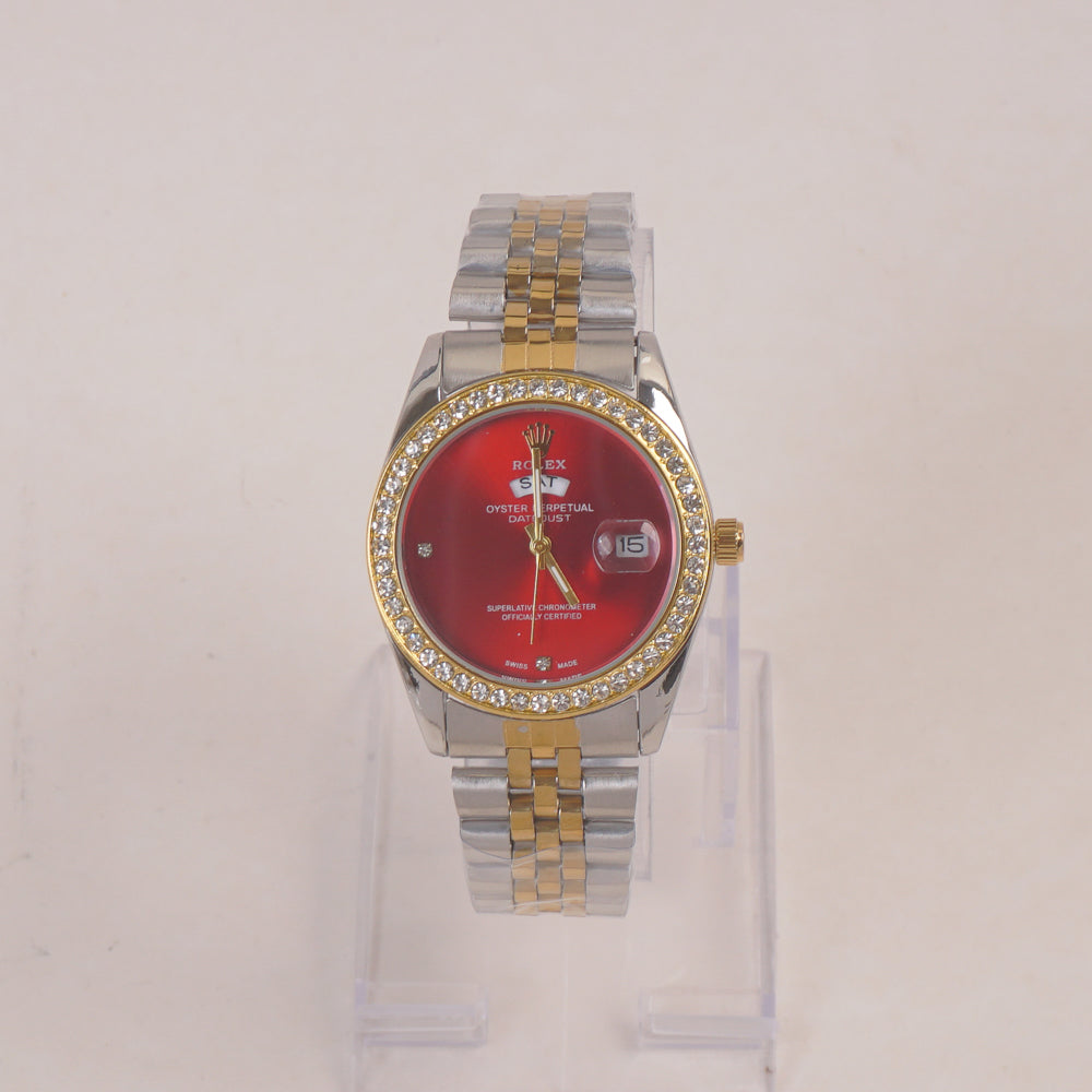 Two Tone Woman Silver Chain Wrist Watch Golden Red