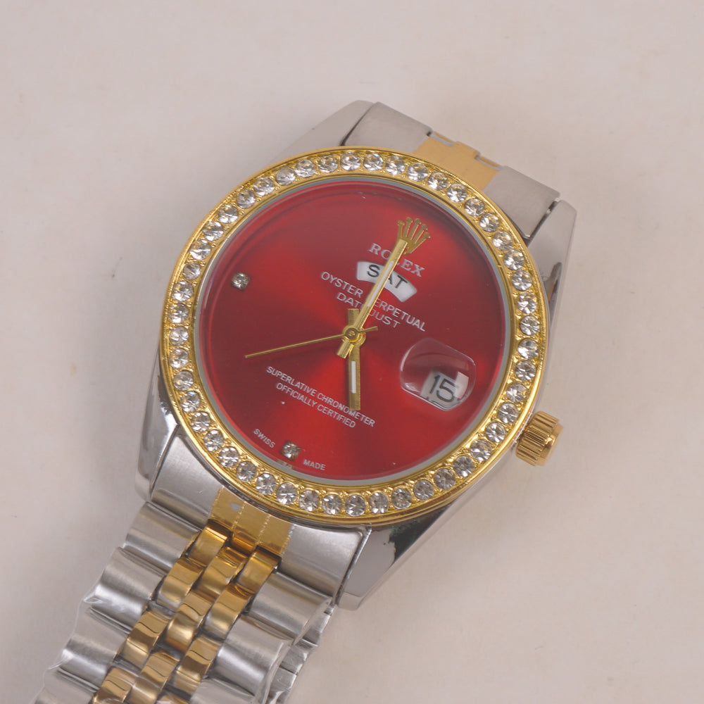 Two Tone Woman Silver Chain Wrist Watch Golden Red