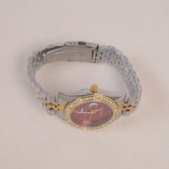 Two Tone Woman Silver Chain Wrist Watch Golden Red