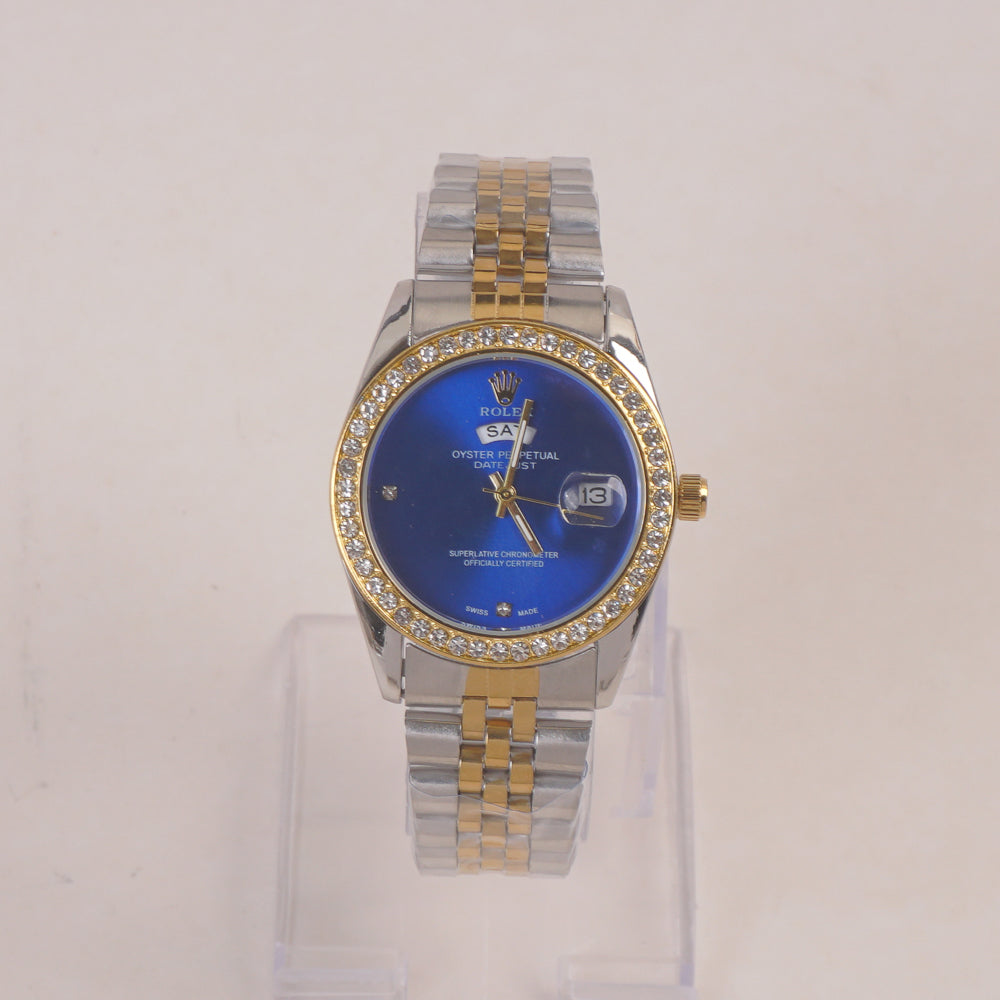 Two Tone Woman Silver Chain Wrist Watch Golden Blue