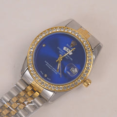 Two Tone Woman Silver Chain Wrist Watch Golden Blue