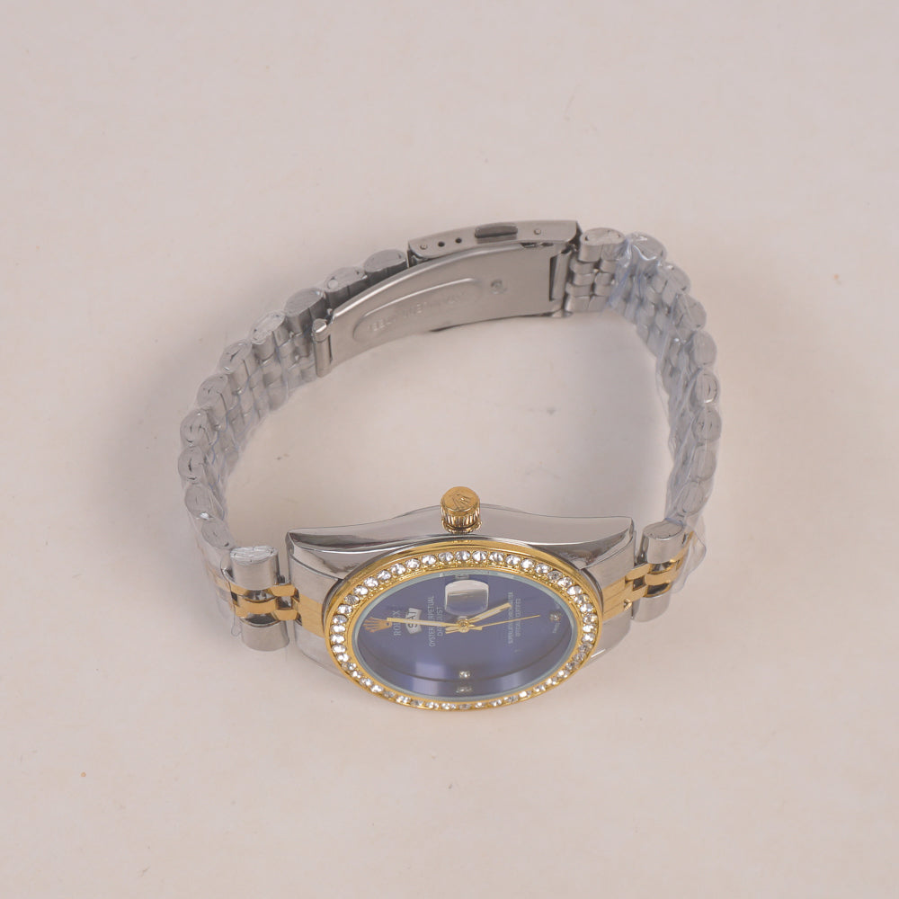 Two Tone Woman Silver Chain Wrist Watch Golden Blue