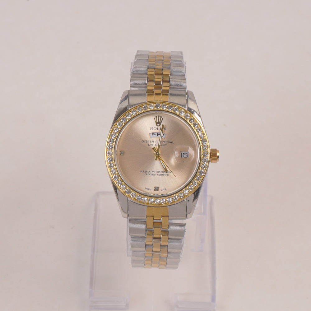 Two Tone Woman Silver Chain Wrist Watch Golden