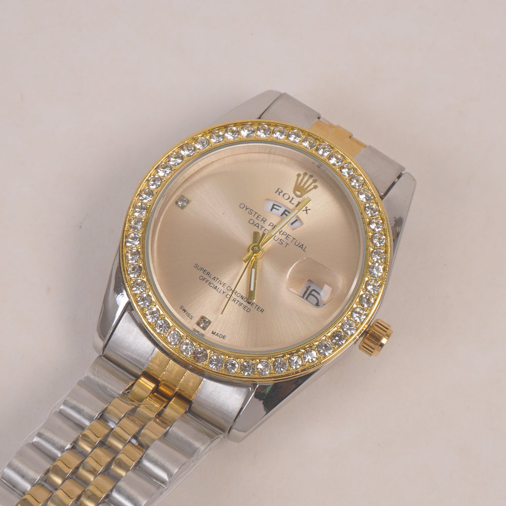 Two Tone Woman Silver Chain Wrist Watch Golden