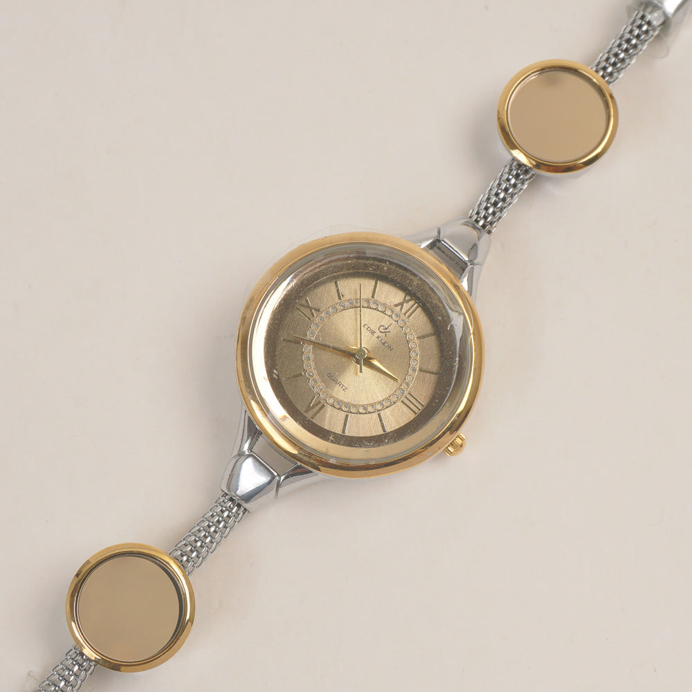 Two Tone Women's Stylish Pipe Golden Chain Watch Golden Dial