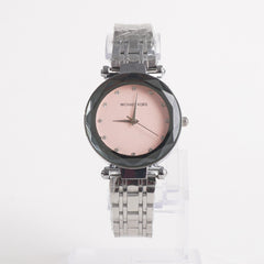 Women Stylish Chain Wrist Watch Silver With Pink Dial MK