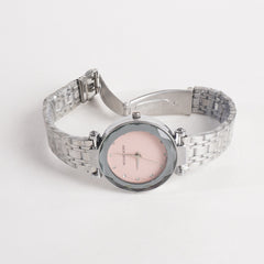 Women Stylish Chain Wrist Watch Silver With Pink Dial MK