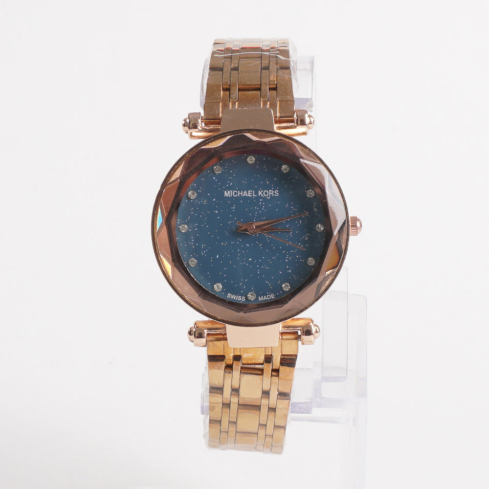 Women Stylish Chain Wrist Watch Rosgold With Blue Dial MK