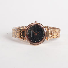 Women Stylish Chain Wrist Watch Rosgold With Black Dial MK