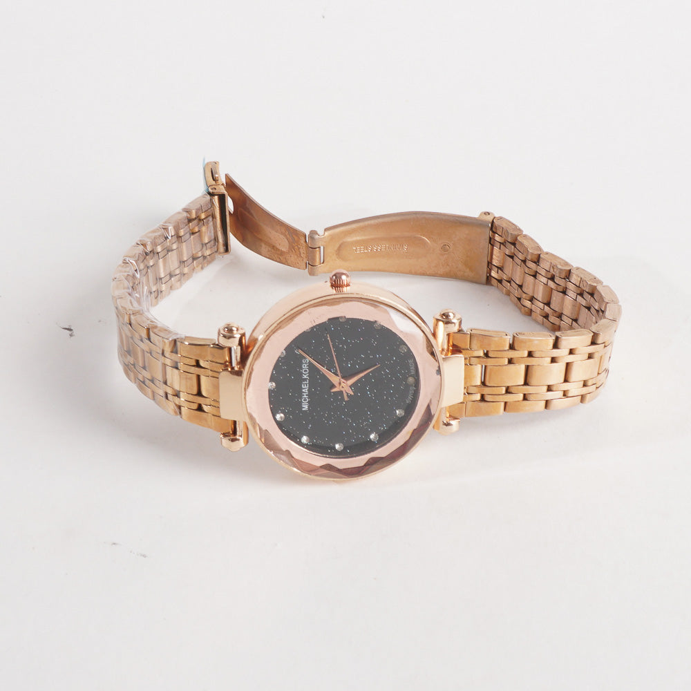 Women Stylish Chain Wrist Watch Rosgold With Black Dial MK