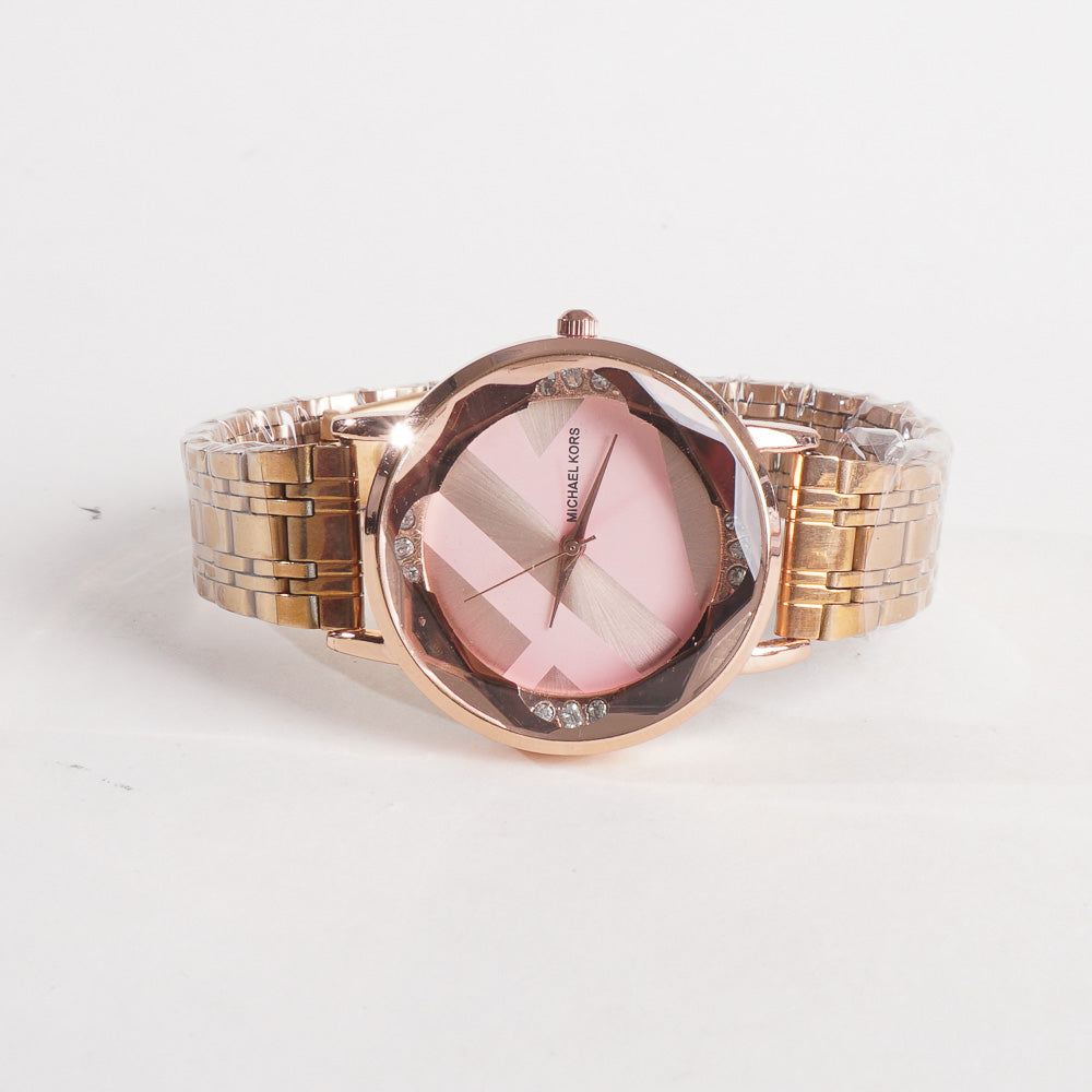 Women Stylish Chain Wrist Watch Rosegold With Pink Dial MK
