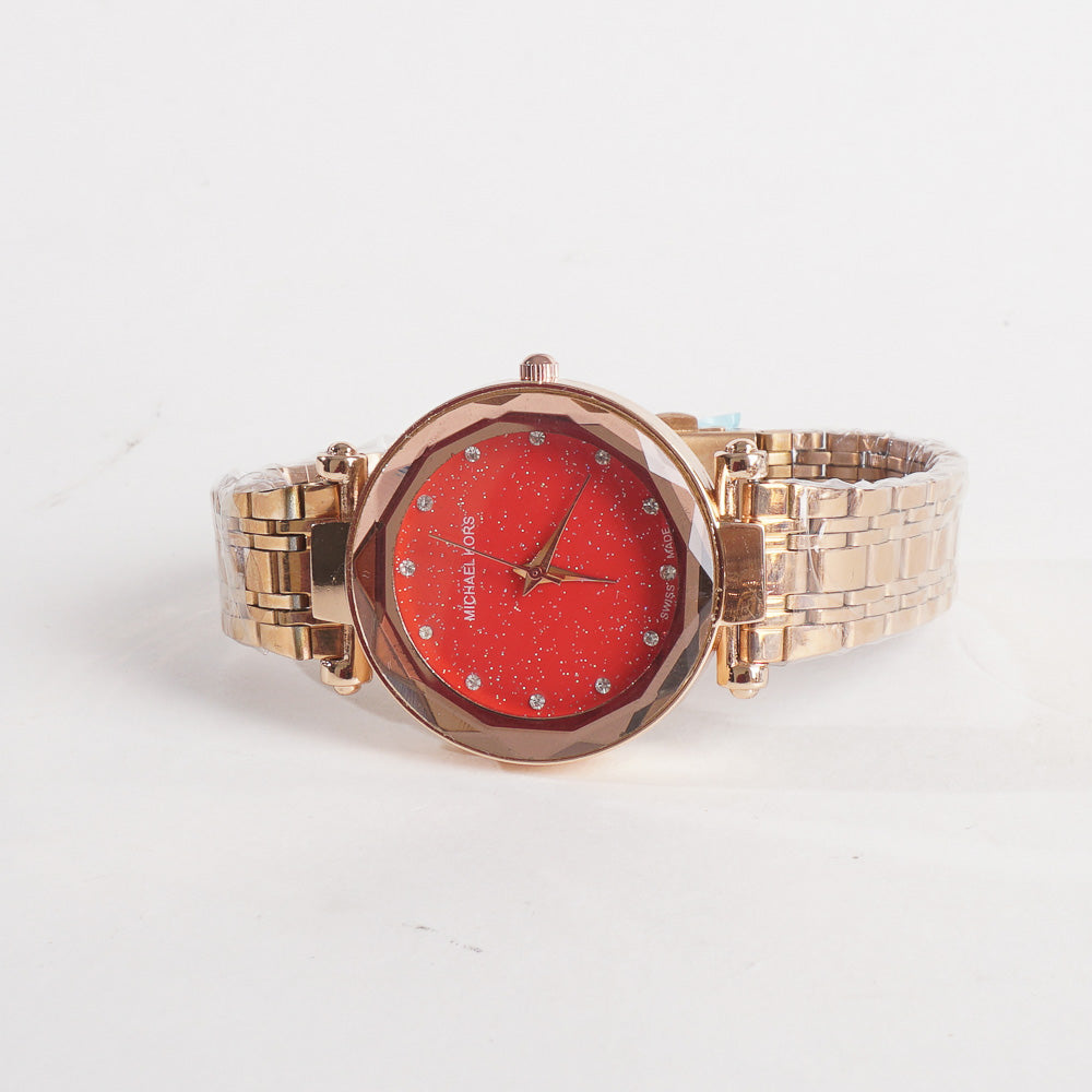 Women Stylish Chain Wrist Watch Rosgold With Red Dial MK