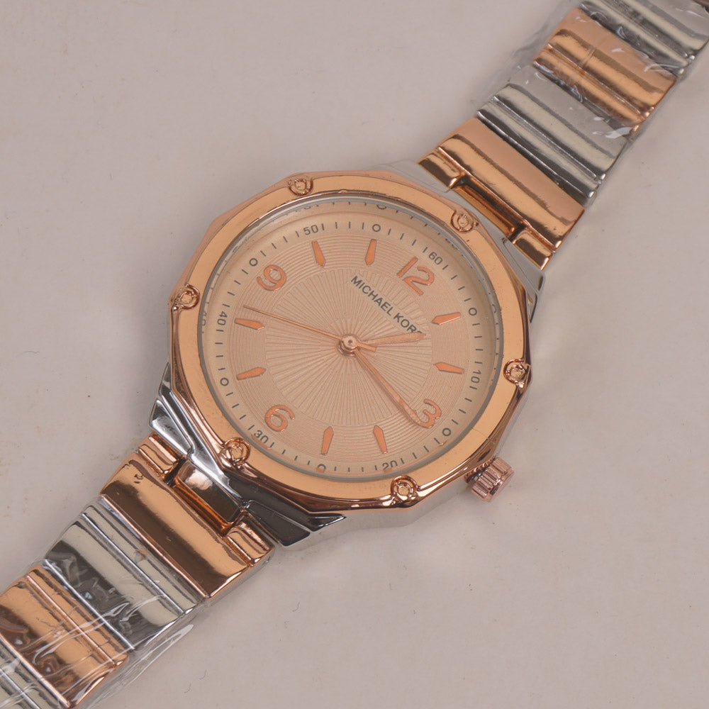 Two Tone Women Stone Design Chain Wrist Watch Rosegold Silver