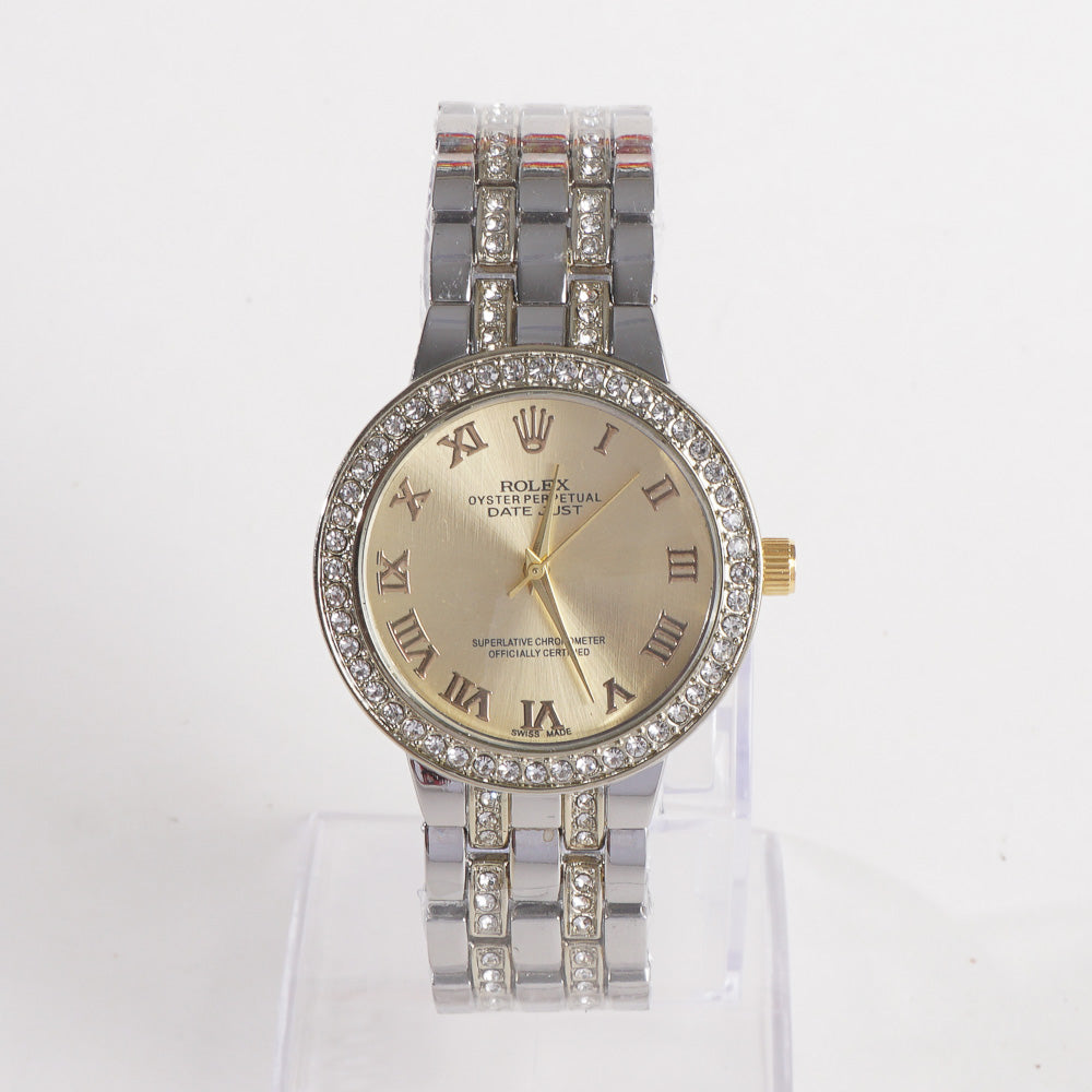 Two Tone Women Chain Wrist Watch R Golden Big Dial