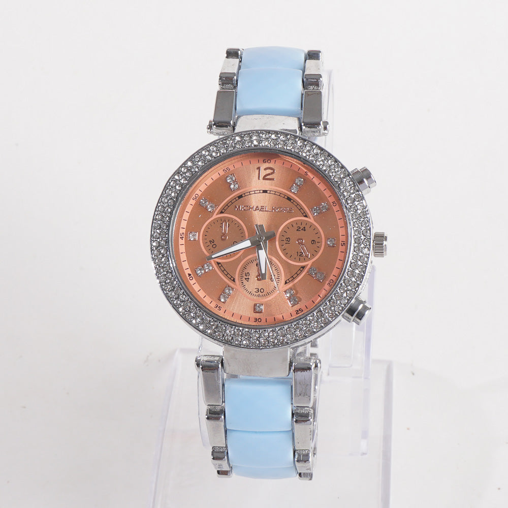 Women Chain Wrist Watch MK Silver Cyan Orange