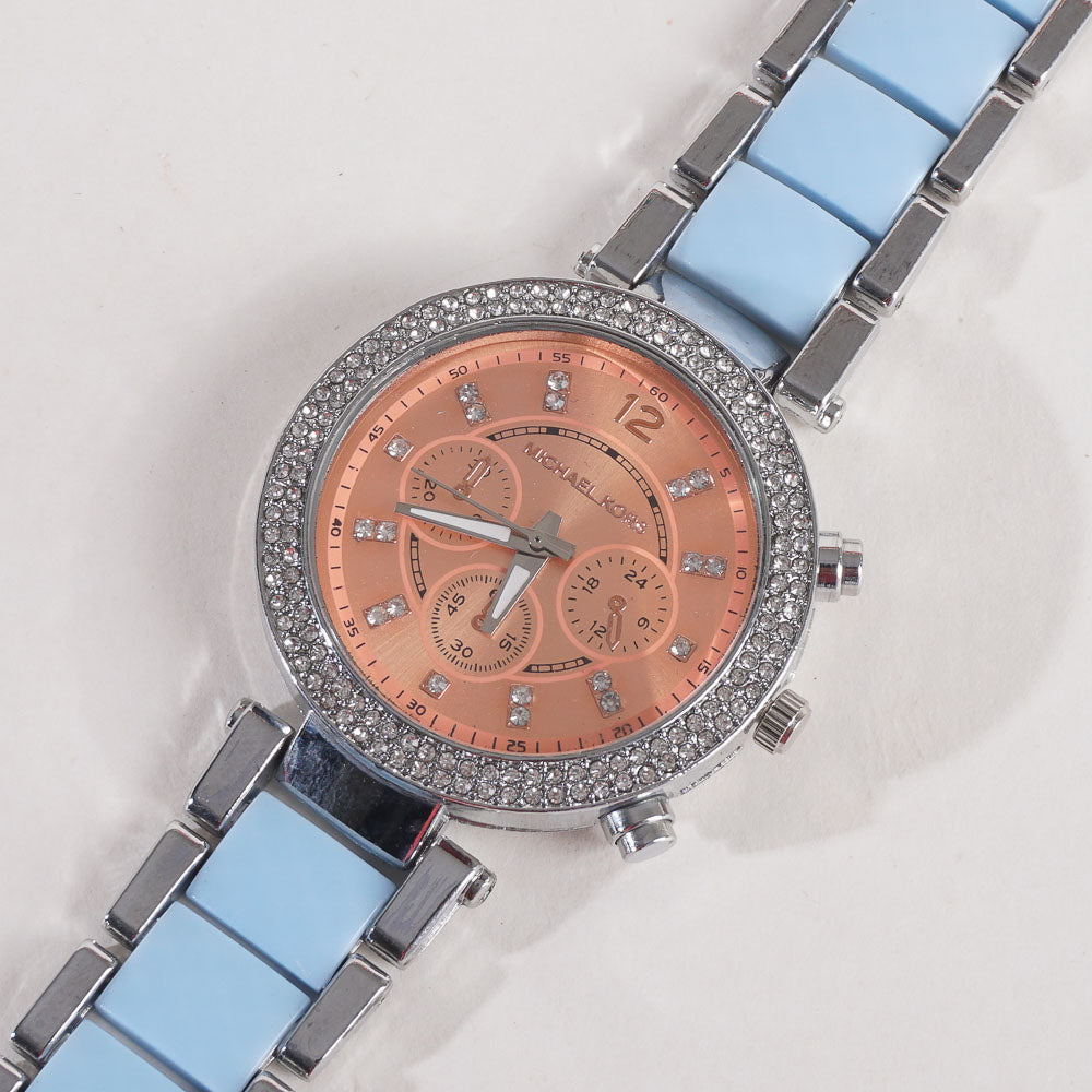 Women Chain Wrist Watch MK Silver Cyan Orange