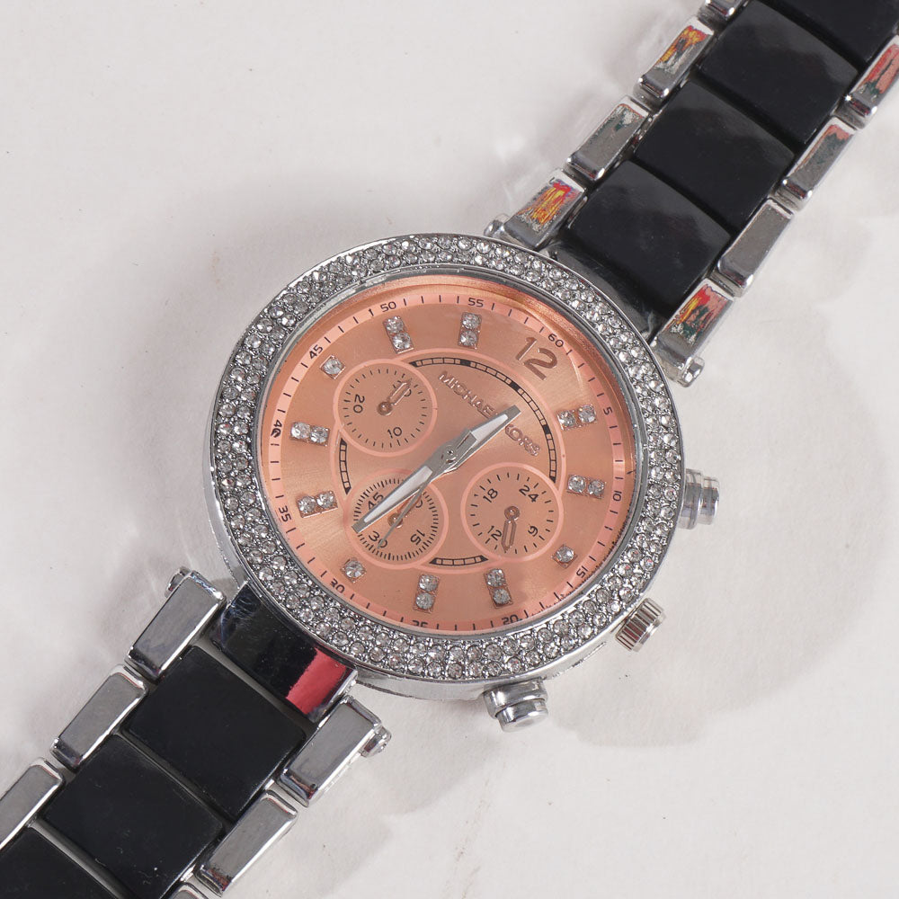 Women Chain Wrist Watch MK Silver Black Orange