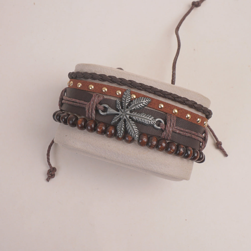 3pc Set Fashion Trendy Mans Bracelet Brown Flower