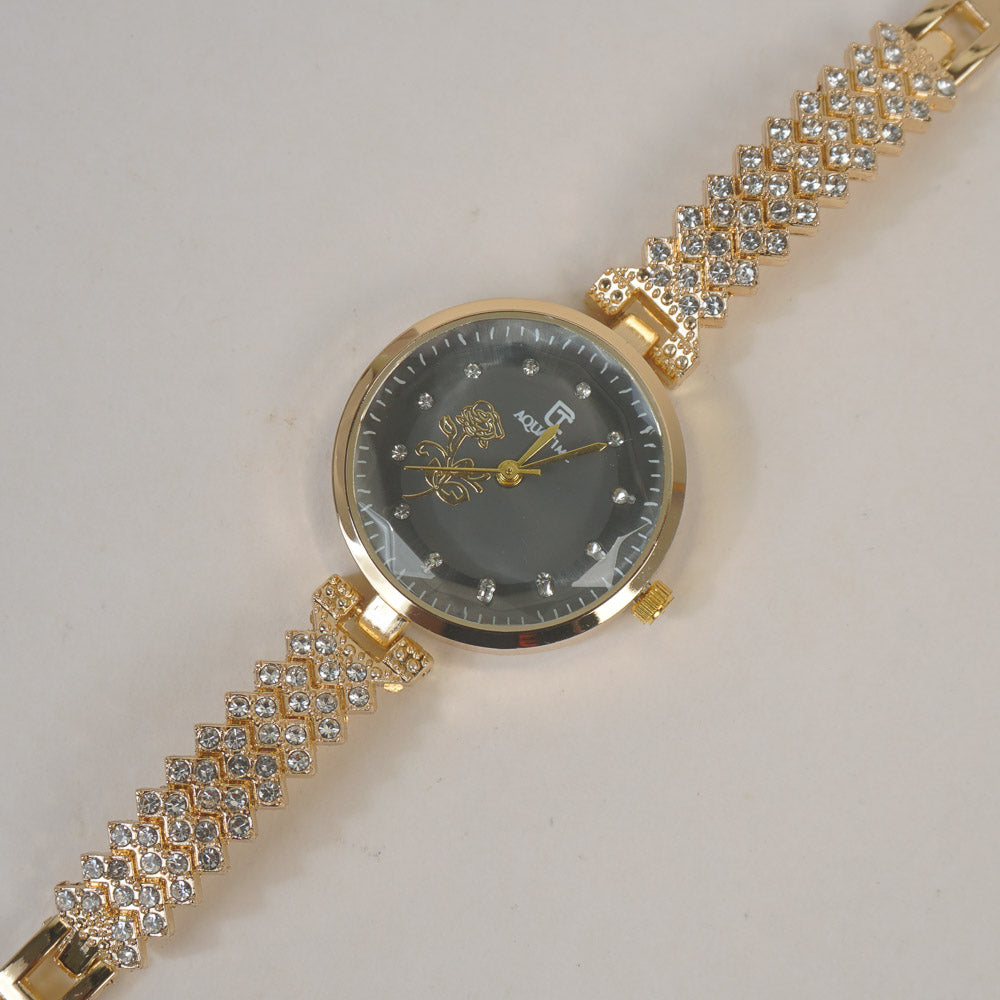 Woman Chain Wrist Watch Stone Design Golden Black