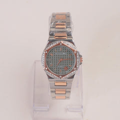 Two Tone Women Chain Wrist Watch Rosegold Green