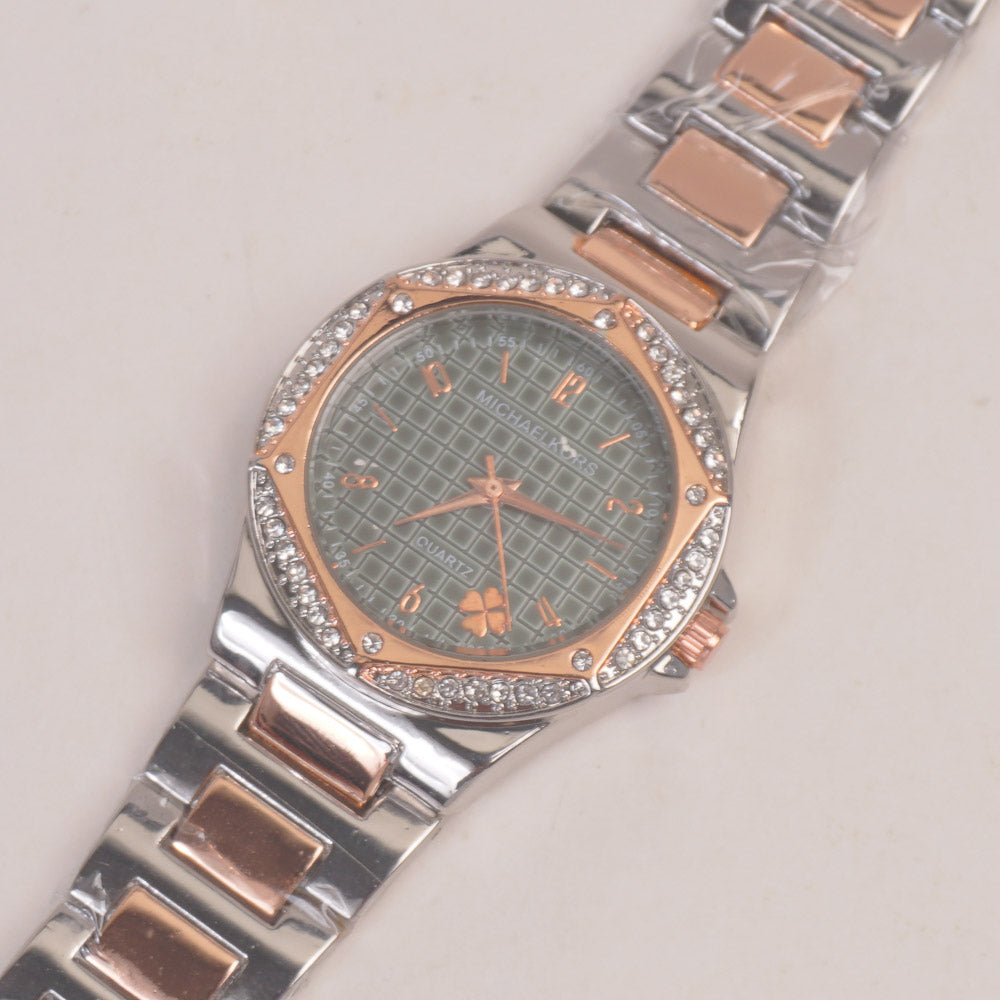 Two Tone Women Chain Wrist Watch Rosegold Green