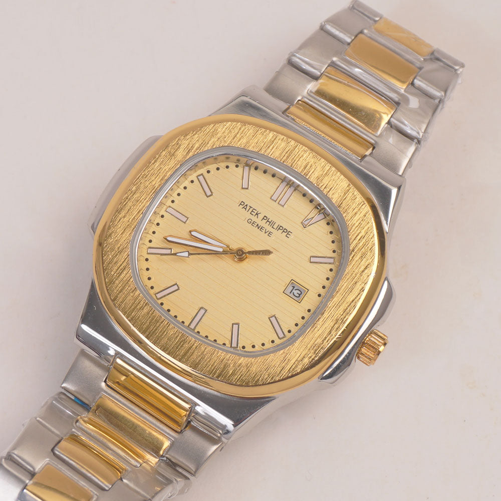 Two Tone Mans Chain Wrist Watch Phi.lip Path.k Golden Dial