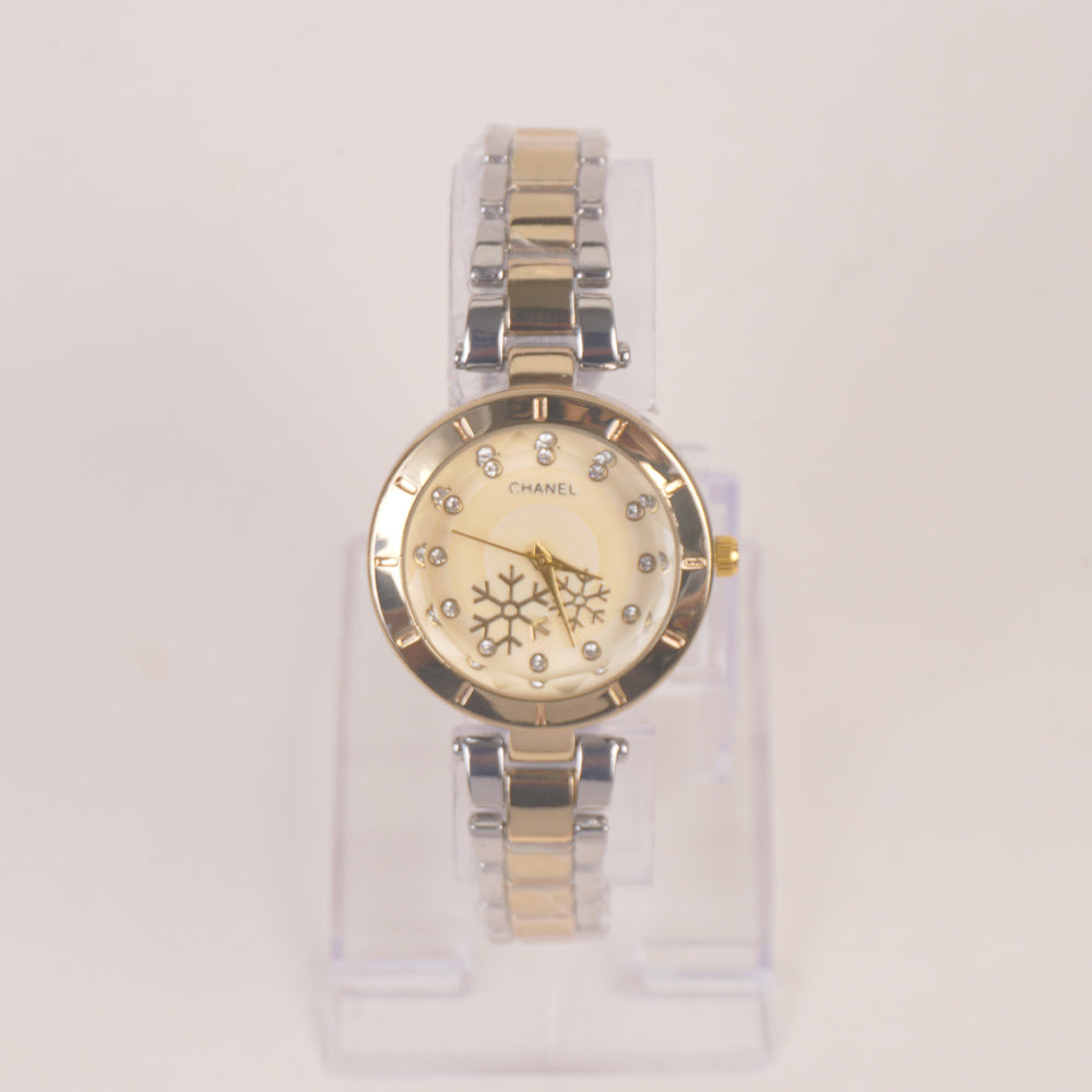 Two Tone Woman Chain Silver Wrist Watch Golden Dial