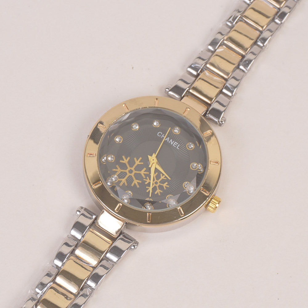 Two Tone Woman Chain Silver Wrist Watch Black Dial