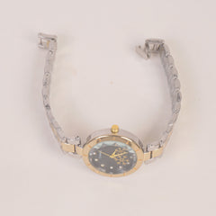 Two Tone Woman Chain Silver Wrist Watch Black Dial