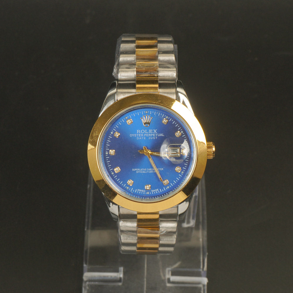 Two Tone Silver Chain Wrist Watch Blue Dial