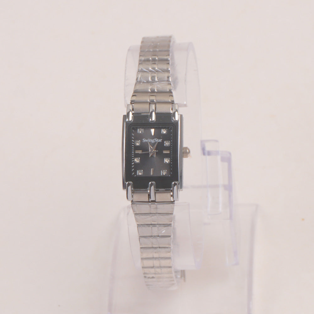 Two Tone Woman Chain Silver Wrist Watch Black Dial