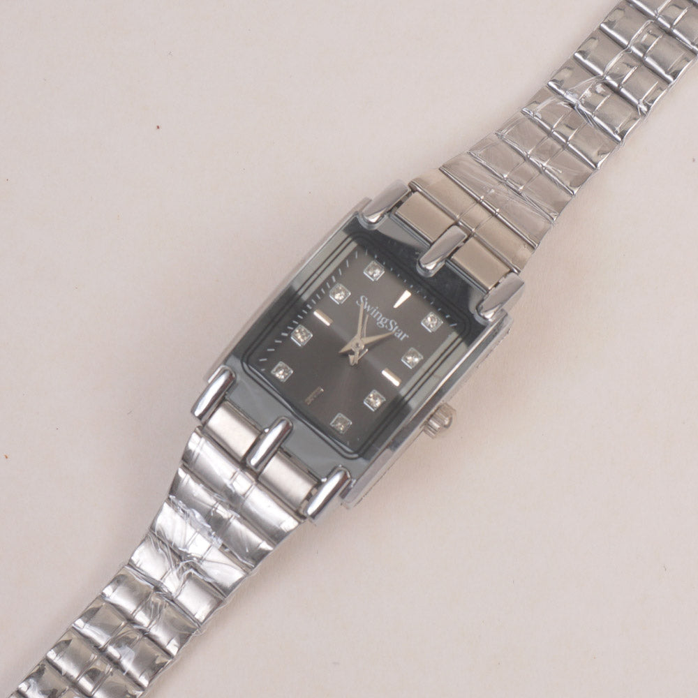 Two Tone Woman Chain Silver Wrist Watch Black Dial