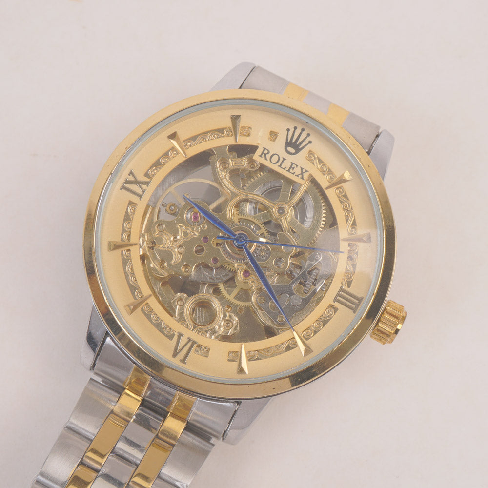 Two Tone Mans Chain Silver Wrist Automatic Watch Golden Dial