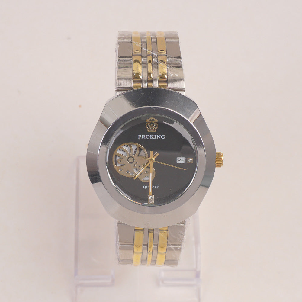 Two Tone Silver Golden Chain Wrist Watch Black Dial