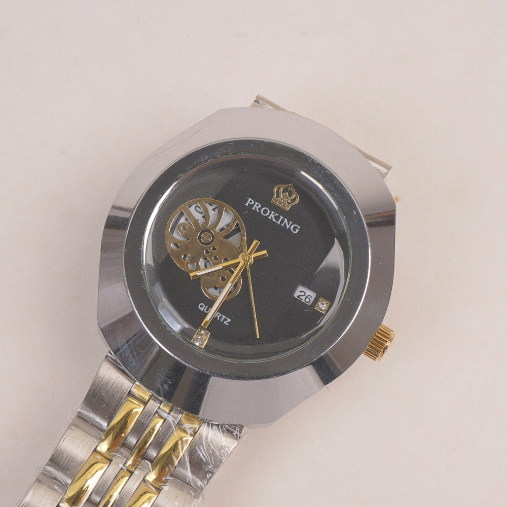 Two Tone Silver Golden Chain Wrist Watch Black Dial