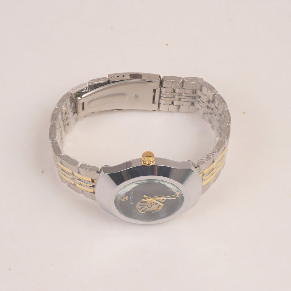 Two Tone Silver Golden Chain Wrist Watch Black Dial